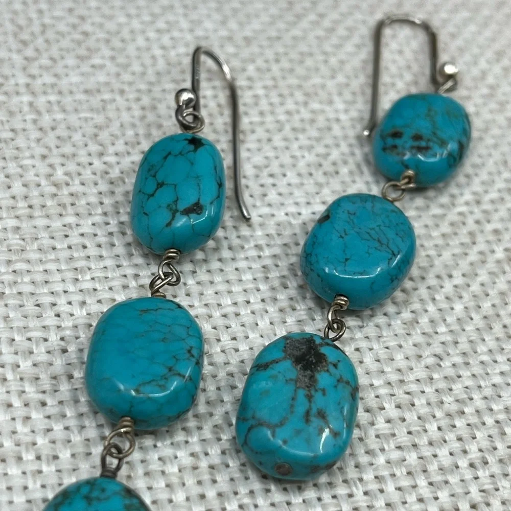 Sally C Treasures SX Sterling Silver Turquoise Dangle Earrings 925 Estate - Picture 11 of 17